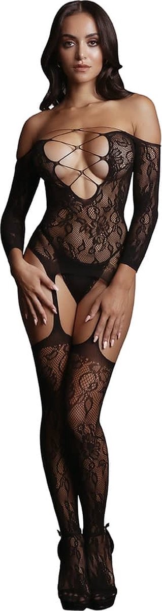 Criss Cross Neck Bodystocking - Black - O/S