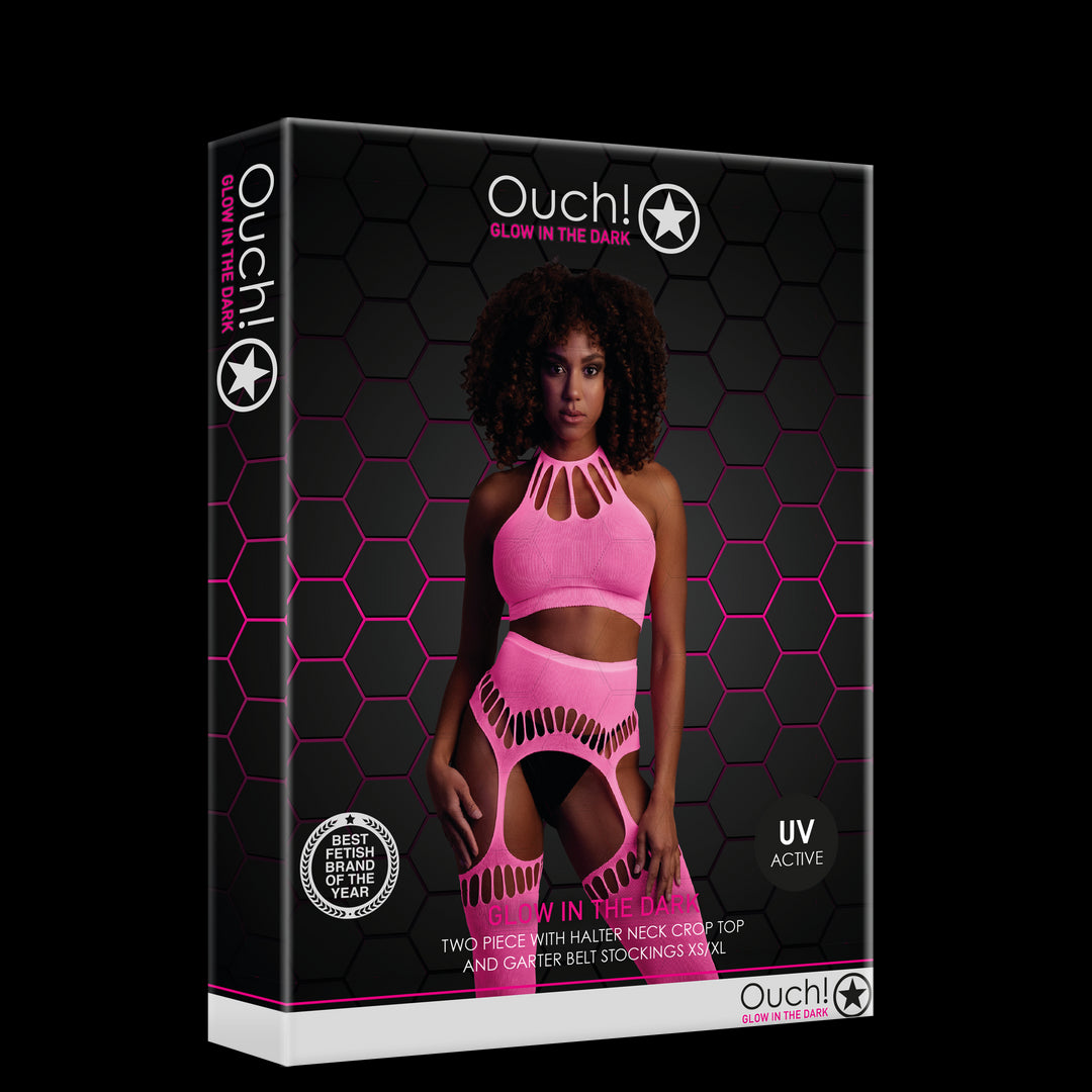 Two Piece with Crop Top and Stockings - One Size - Neon Pink