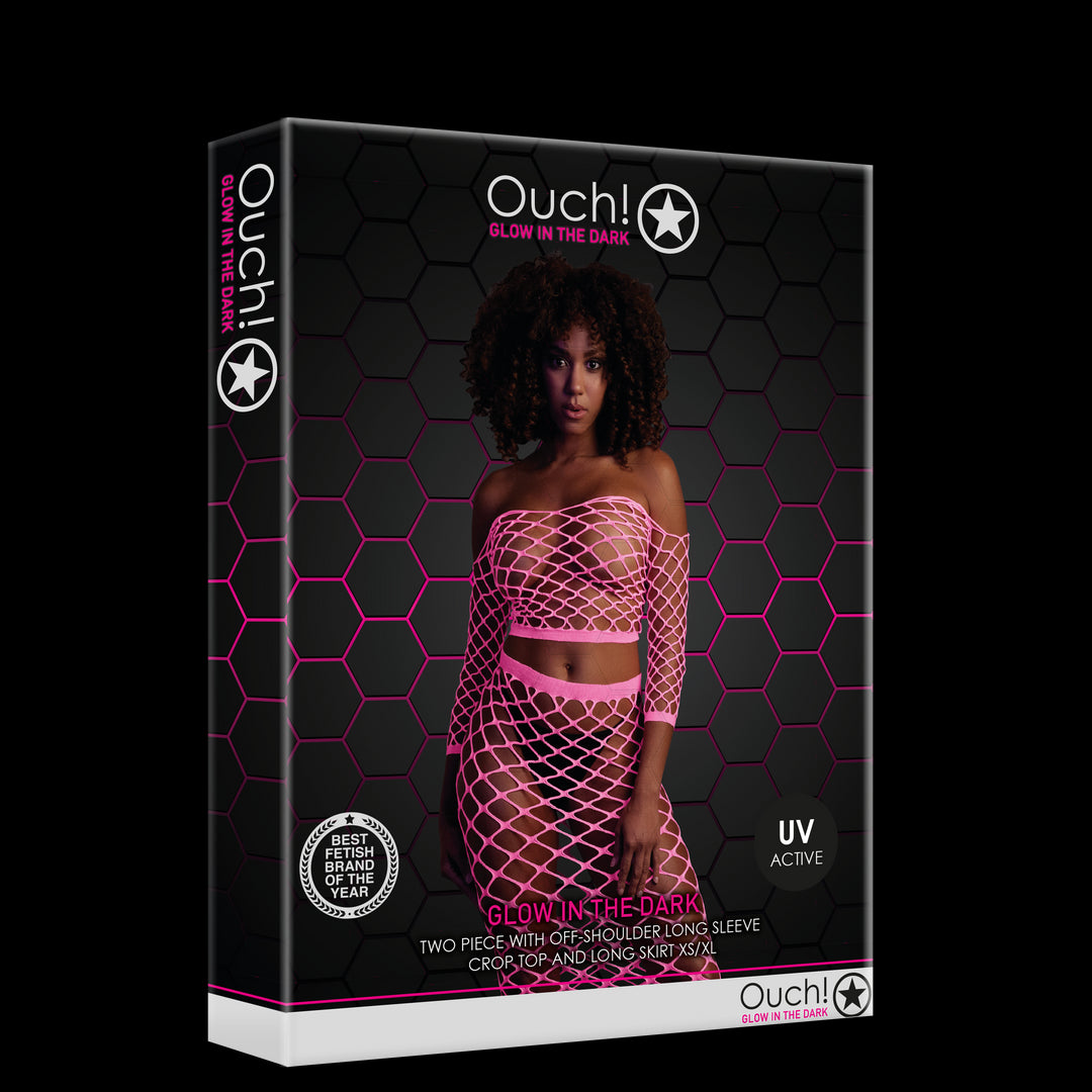 Long Sleeve Crop Top and Long Skirt - One Size - Neon Pink