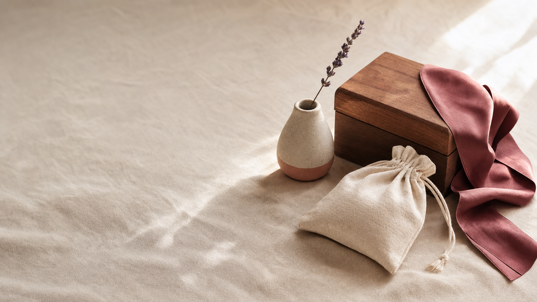 Caja de madera con cinta granate, jarrón con lavanda y bolsa de lino — homenaje a productos íntimos de calidad
