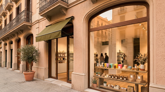 Tienda erótica boutique en Barcelona, escaparate elegante al atardecer