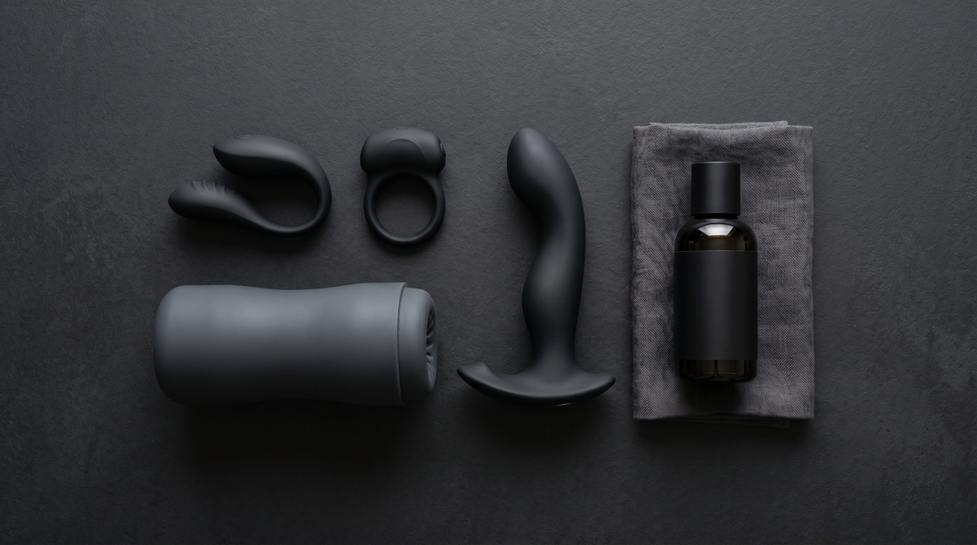 Flat-lay de juguetes sexuales para hombres: masturbador, anillo vibrador y estimulador de próstata