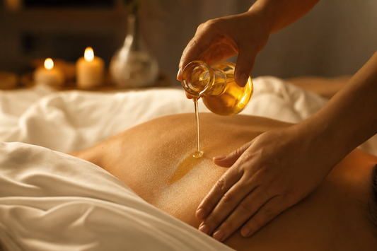 Aceite de masaje erótico: manos vertiendo aceite dorado sobre espalda en habitación con velas