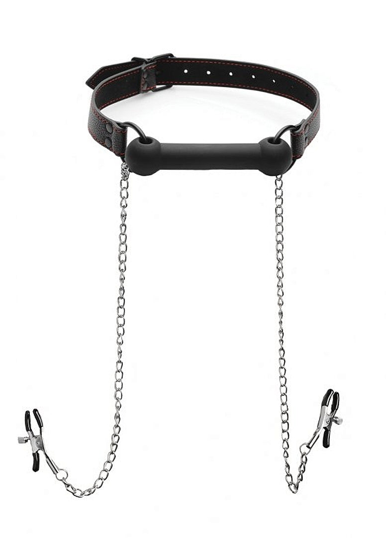 Silicone Bit Gag + Nipple Clamps - Black