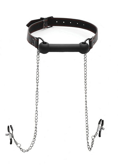 Silicone Bit Gag + Nipple Clamps - Black