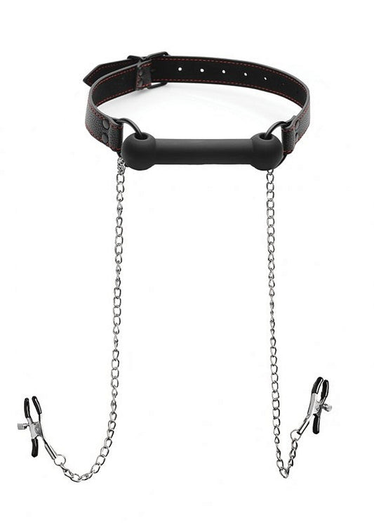Silicone Bit Gag + Nipple Clamps - Black