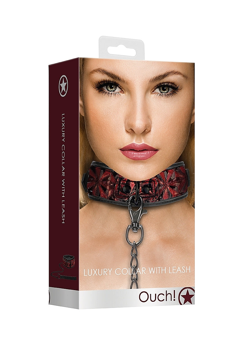 Ouch! - Luxury Collar With Leash - Burgundy