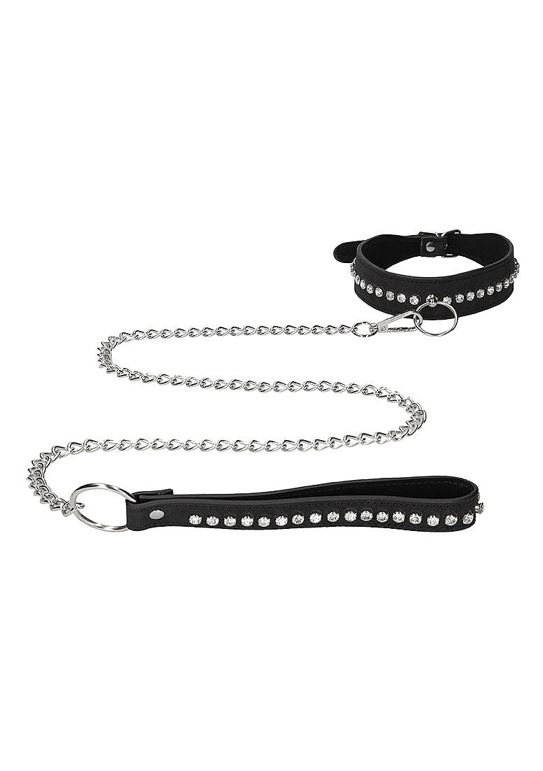 Diamond Studded Collar With Leash - Black