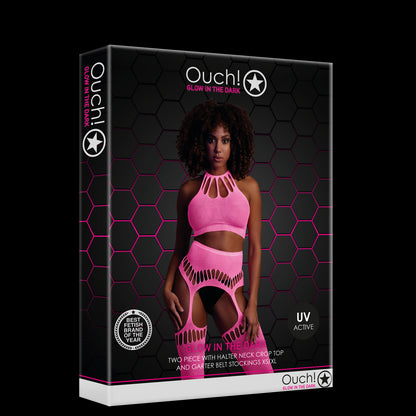 Two Piece with Crop Top and Stockings - One Size - Neon Pink