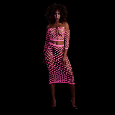 Long Sleeve Crop Top and Long Skirt - One Size - Neon Pink