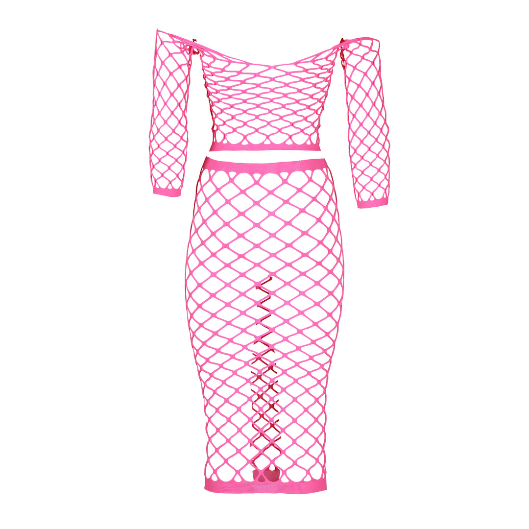 Long Sleeve Crop Top and Long Skirt - One Size - Neon Pink