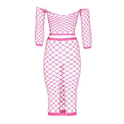 Long Sleeve Crop Top and Long Skirt - One Size - Neon Pink