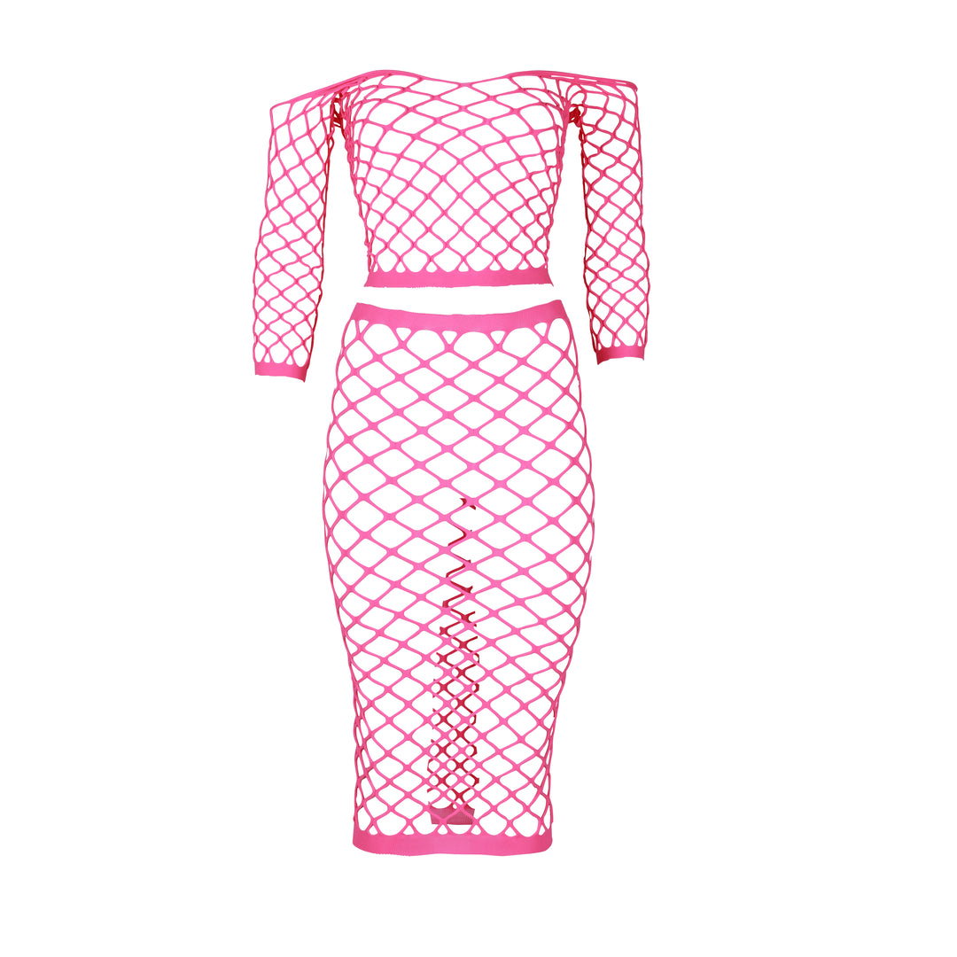 Long Sleeve Crop Top and Long Skirt - One Size - Neon Pink