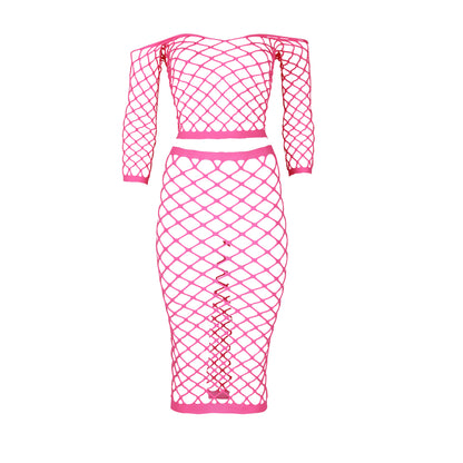 Long Sleeve Crop Top and Long Skirt - One Size - Neon Pink