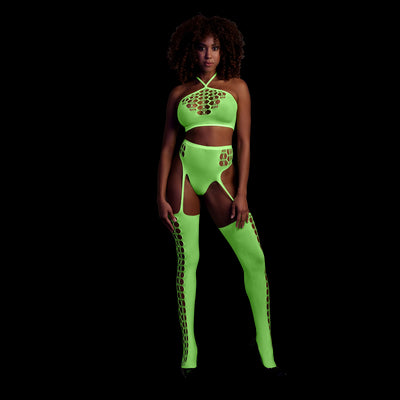 Two Piece with Crop Top and Stockings - One Size - Neon Green