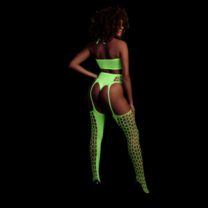 Two Piece with Crop Top and Stockings - One Size - Neon Green